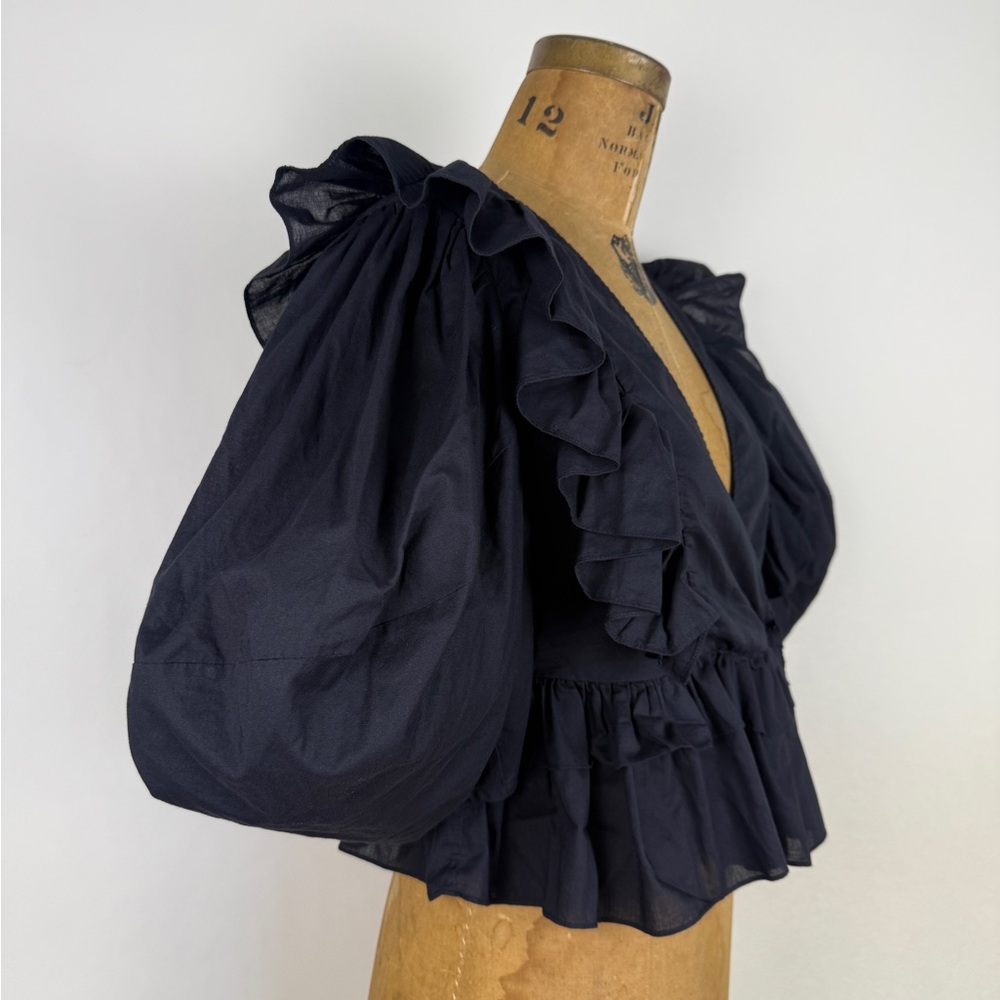 RHODE Eloise Blouse Black Cotton Puff Sleeve Ruffled Top EUC size M - Picture 5 of 10